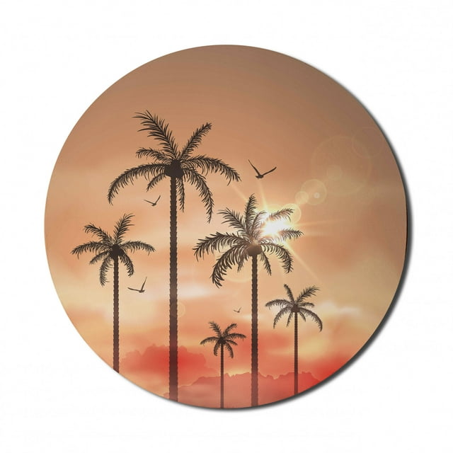 Tropical Mouse Pad for Computers, Palm Trees with Dramatic Hazy Sky Clouds and Gulls Exotic Display Art, Round Non-Slip Thick Rubber Modern Gaming Mousepad, 8" Round, Coral Salmon Brown, by Ambesonne