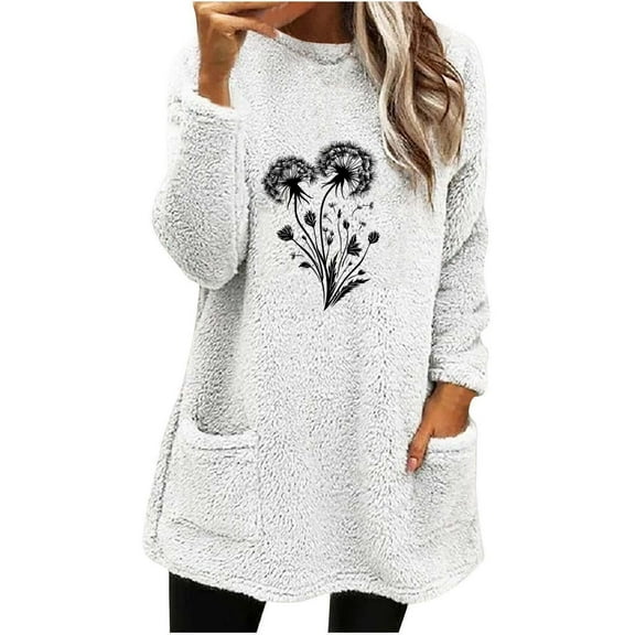 Sexlip Women Oversized Sweater Dress Winter Pullover Trendy Fuzzy Crew Neck Long Sleeve Casual Mini Dress with Pockets White L