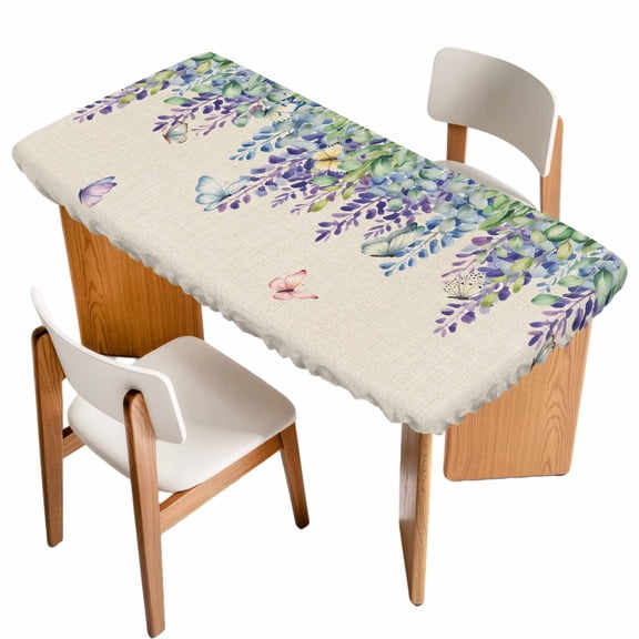 Wisteria Table Cloths for 4 Foot Rectangle Tables, Purple Flowers Leaves Butterflies Plants Spring Beige Patio Waterproof Elastic Fitted Tablecloths, Washable Rectangular Table Cover for Camping