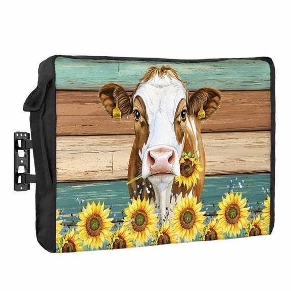 Outdoor TV Cover 70 to 75 Inches, Cow Sunflower Plant Farm Flower Wood Grain Waterproof and Weatherproof TV Cover with Remote Control Pocket, Flat Screen TV Cover Protector for Outside TV