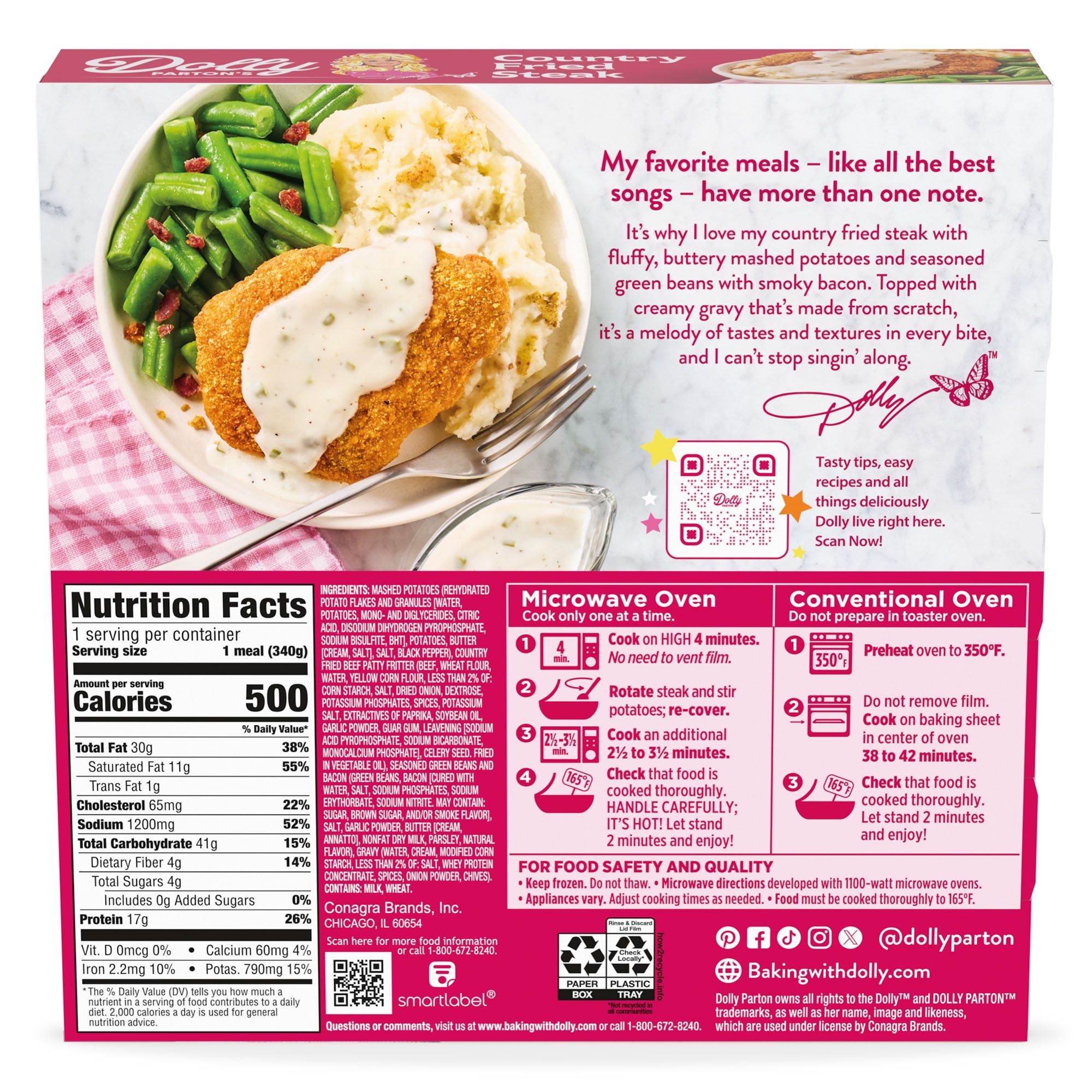 Dolly Parton's Country Fried Steak With Mashed Potatoes, Green Beans, With Bacon, 12 oz. (frozen)