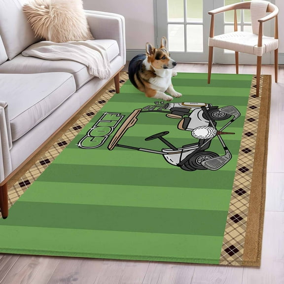 Golf Balls Area Rug 3x5 Washable Rug Non Slip Green Sports Art Truck Brown Lattice Large Area Rug Indoor Floor Carpet for Entryway Bedroom Kitchen Living Room Home Office Dining Room Nursery
