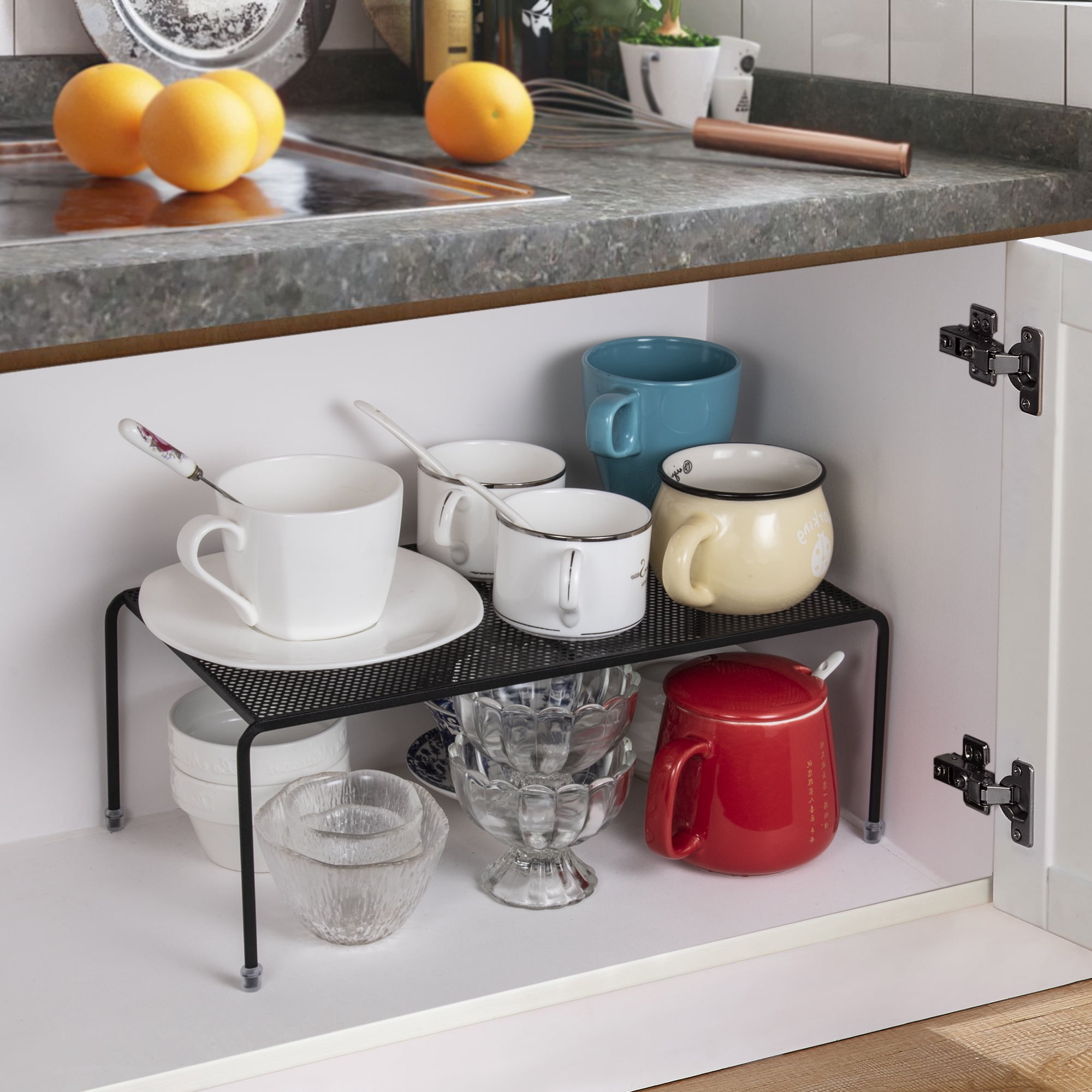 ROFAY Set of 4 Metal Kitchen Countertop Shelf Riser Organizer for Cabinets, Fridge, and Pantries - Black