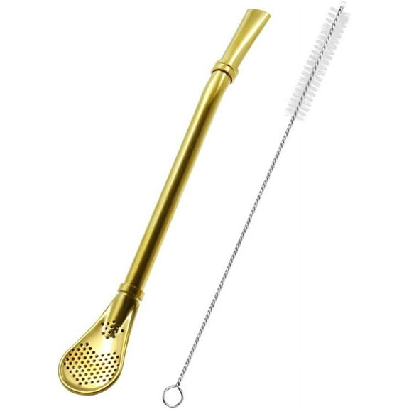 Stainless Steel Straw Filter Spoon, Tea Straw,Mate Bombilla, Reusable Drinking Straws Strainer, Coffee Stirrer for Loose Leaf Tea, Soup, Beverage with Brush Cleaner (1Pcs Gold)