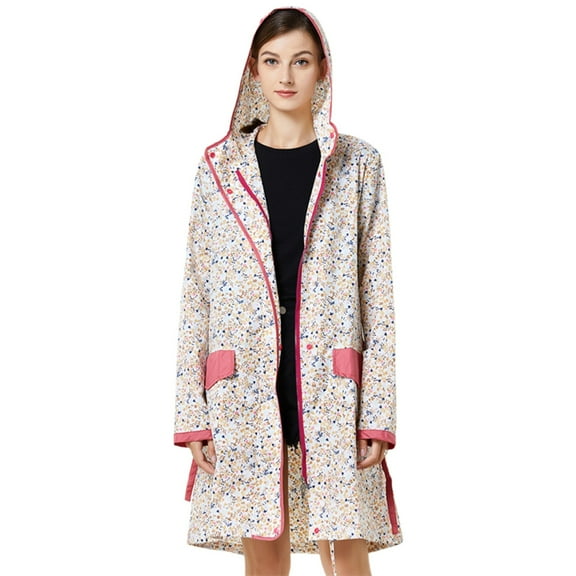 Luwomo Rain Jackets for Womens Floral Print Belted Waist Lightweight Long Sleeve Zipper Long Coat Outdoor Activities Tops Beige,One Size