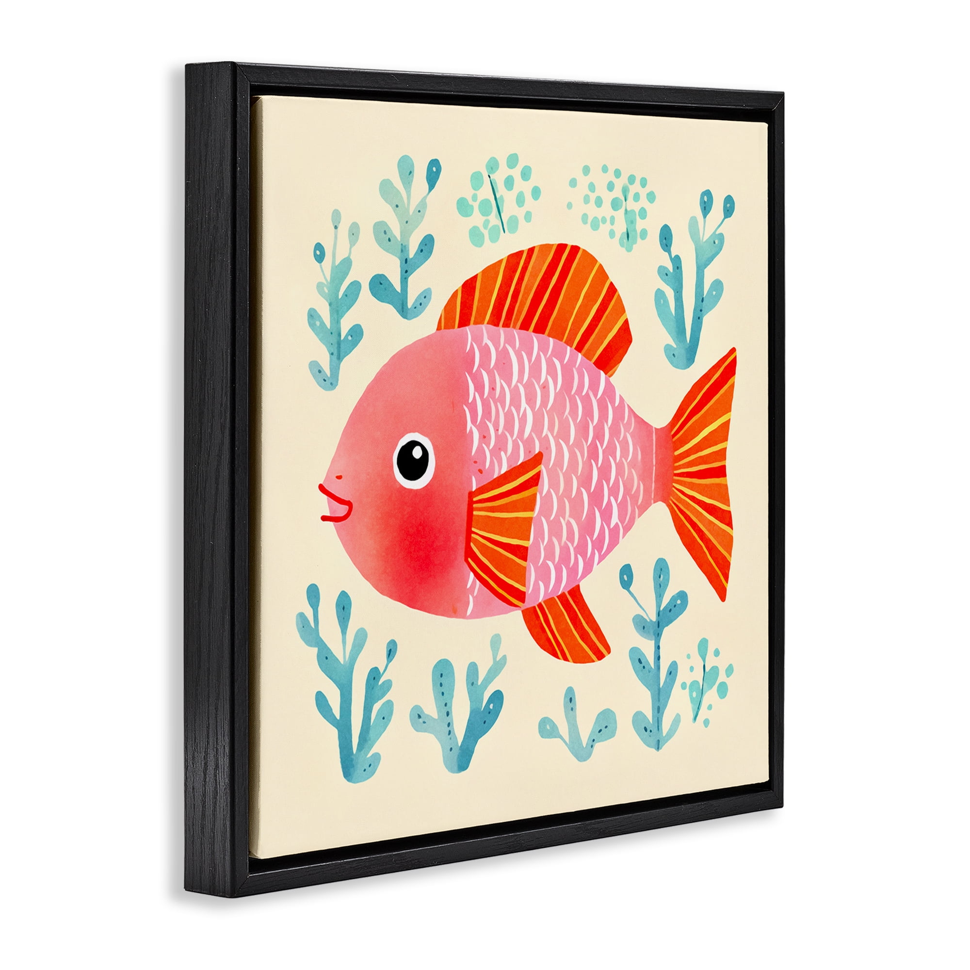 Stupell Industries Happy Fish & Seaweed Sprigs Animals Painting Black Floater Framed Canvas Art Print Wall Art, 25 x 25