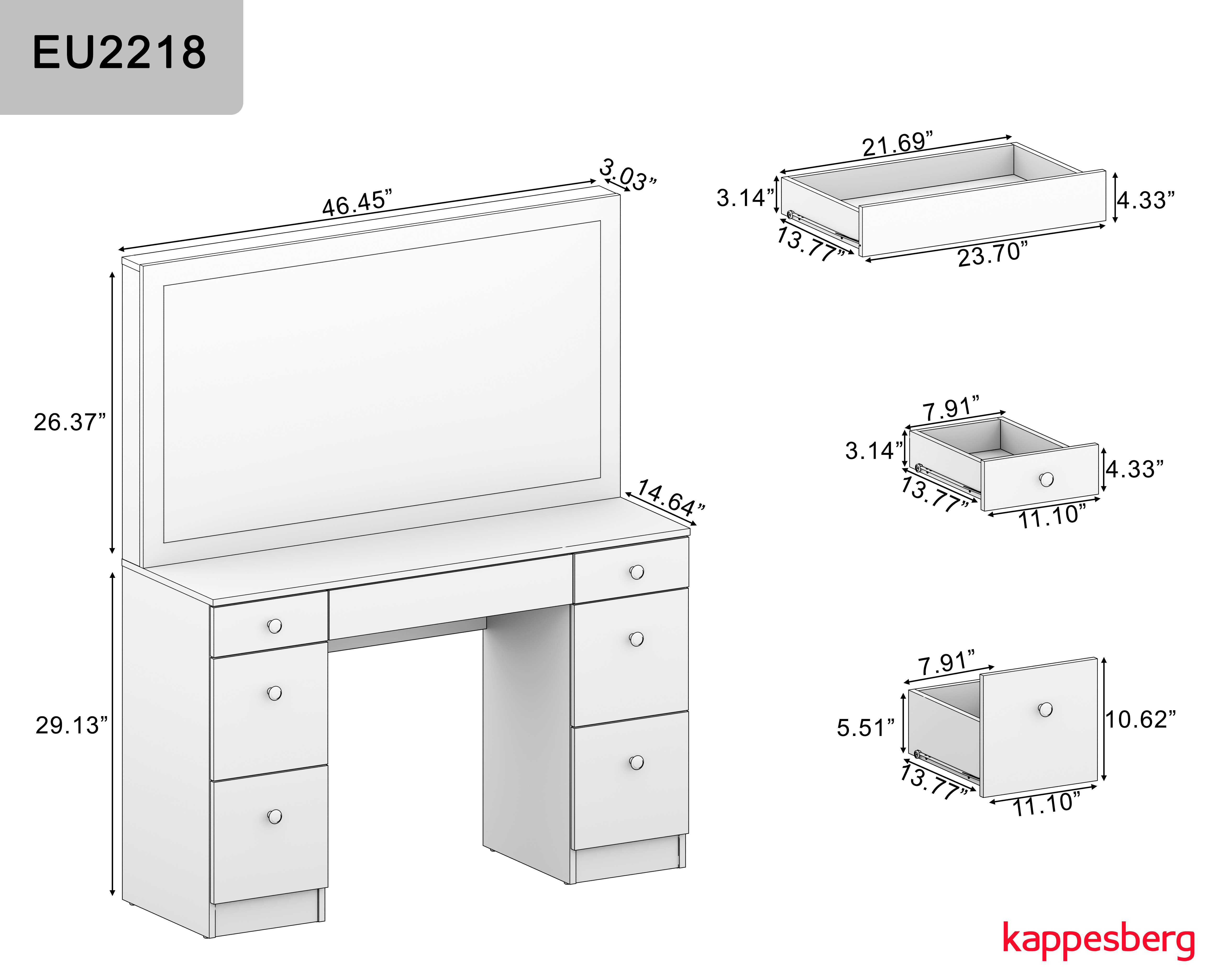 Kappesberg Aspen 7-Drawer Vanity Table - Design and Functionality for Your Bedroom, for Adults and Teens.