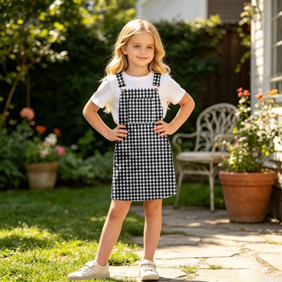 Toddler Baby Girls Sleeveless Square Neck Gingham Check Pinafore A-Line Mini Dress for Summer School Campus Casual Wear 4-5 Years
