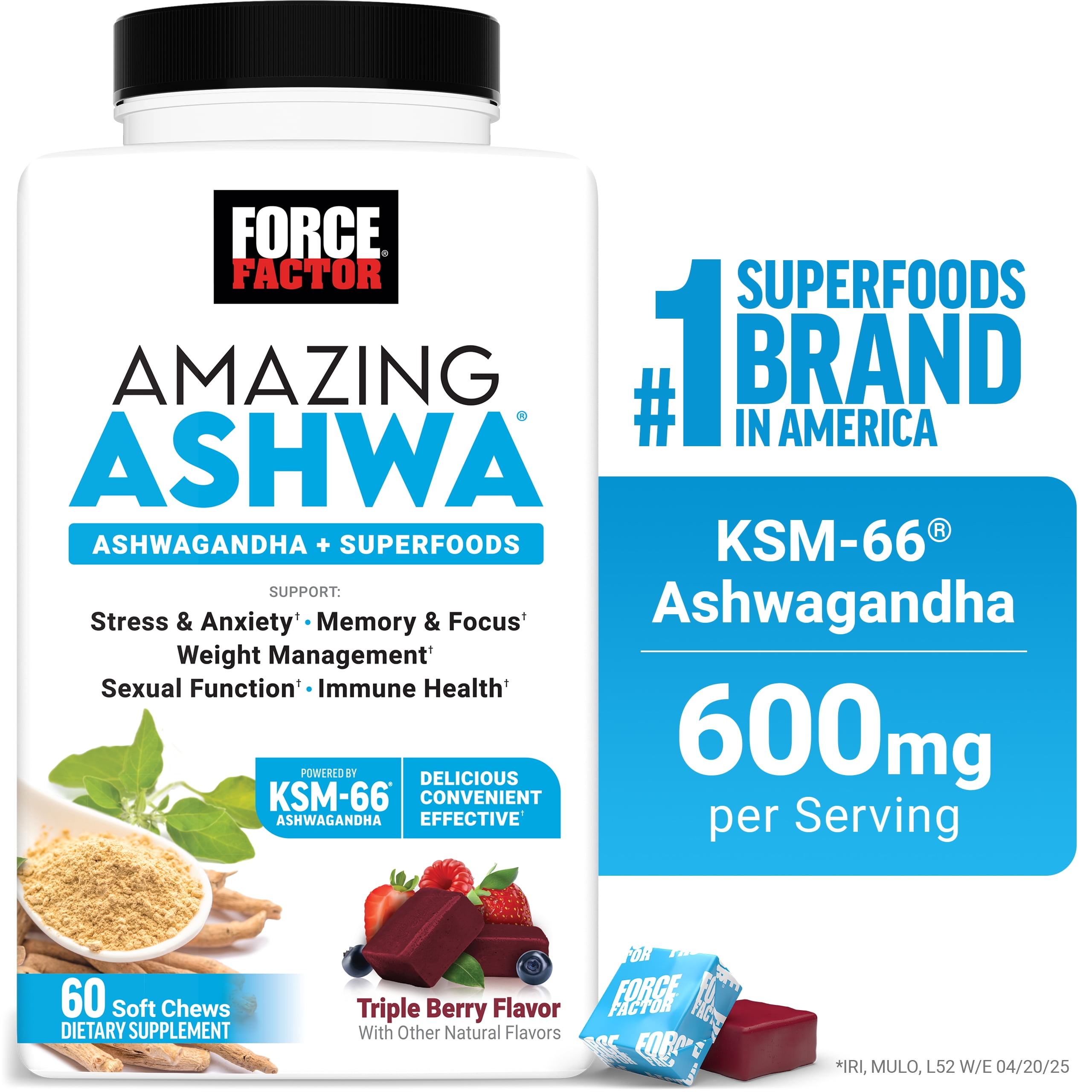 (2 pack) Force Factor Amazing Ashwa with KSM-66 Ashwagandha & L-Theanine for Stress Relief, Relaxation & Cortisol Balance, Triple Berry, 60 Soft Chews