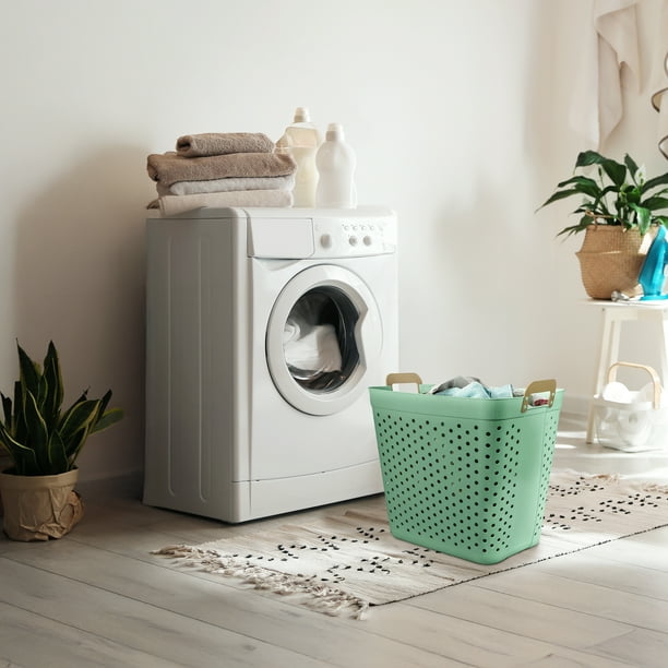 Mainstays Plastic Rectangle Laundry Basket, Sage Green, 2 Bushel