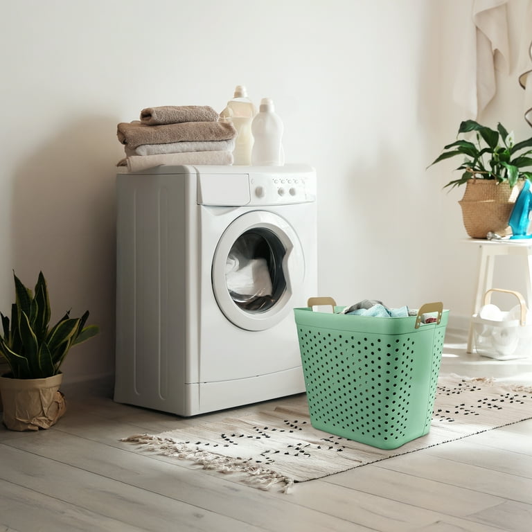 Mainstays Plastic Rectangle Laundry Basket, Sage Green, 2 Bushel