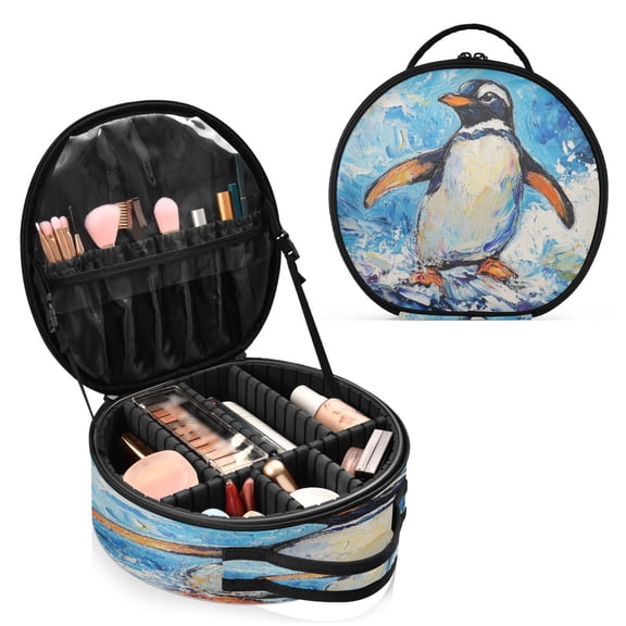 BZSMCE Makeup Bag Large Travel Cosmetic Bag with Adjustable Dividers Fashion Penguin in The Waves Printed