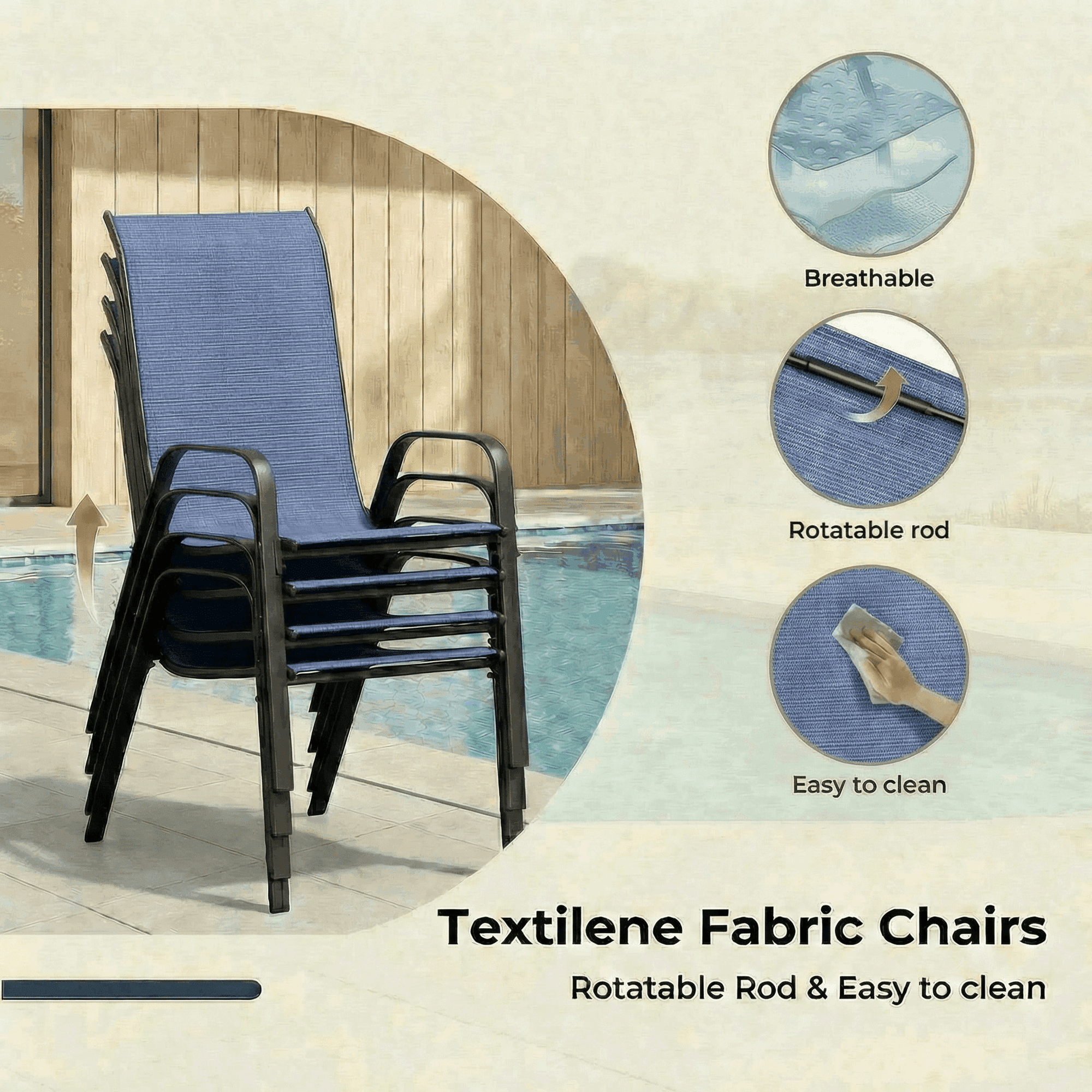 Pirecart Outdoor Table Furniture Set Patio Dining Table Set with 4 Stackable Textilene Chairs, Dark Blue