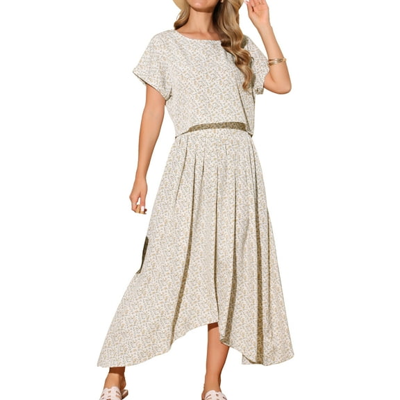 DARING DIVA Women's 2 Piece Casual Floral Dress and Maxi Skirt Set S Apricot