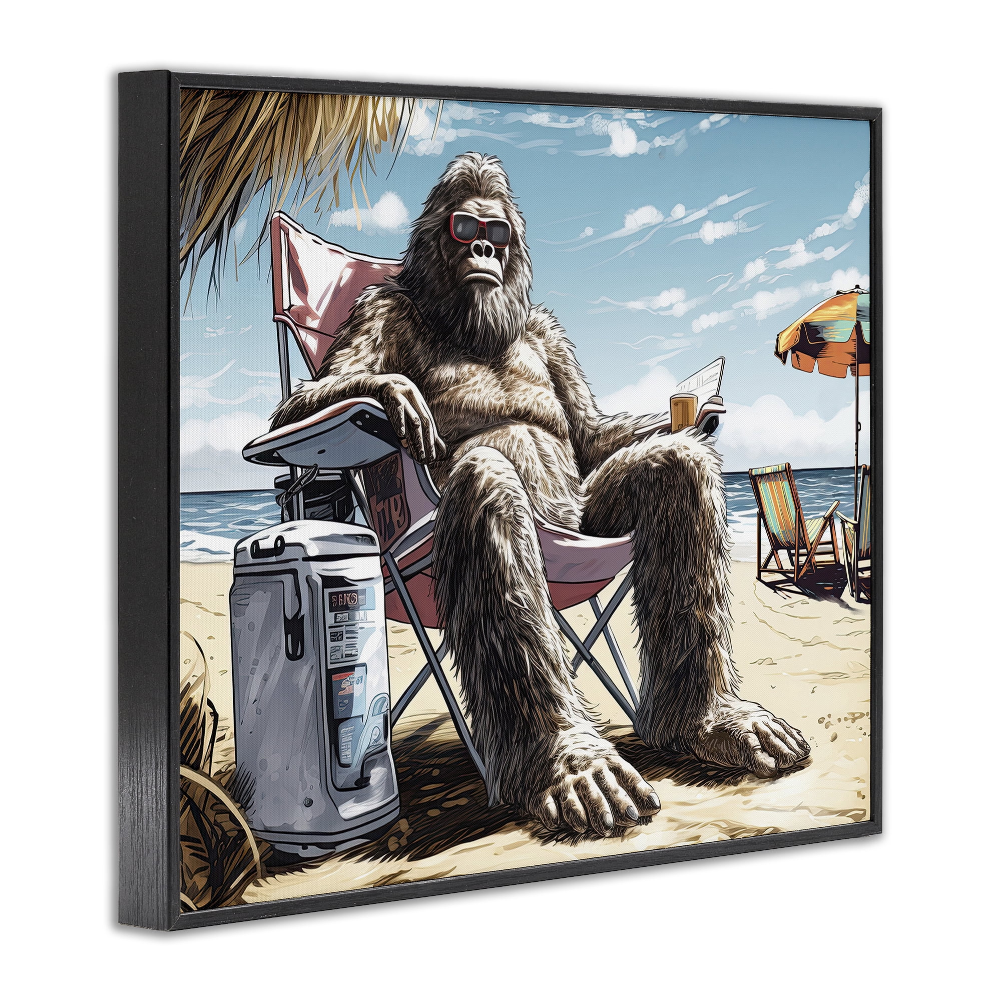 Stupell Industries Big Monster on Beach Fairy Tales & Fantasy Painting Black Framed Art Print Wall Art, 30 x 24