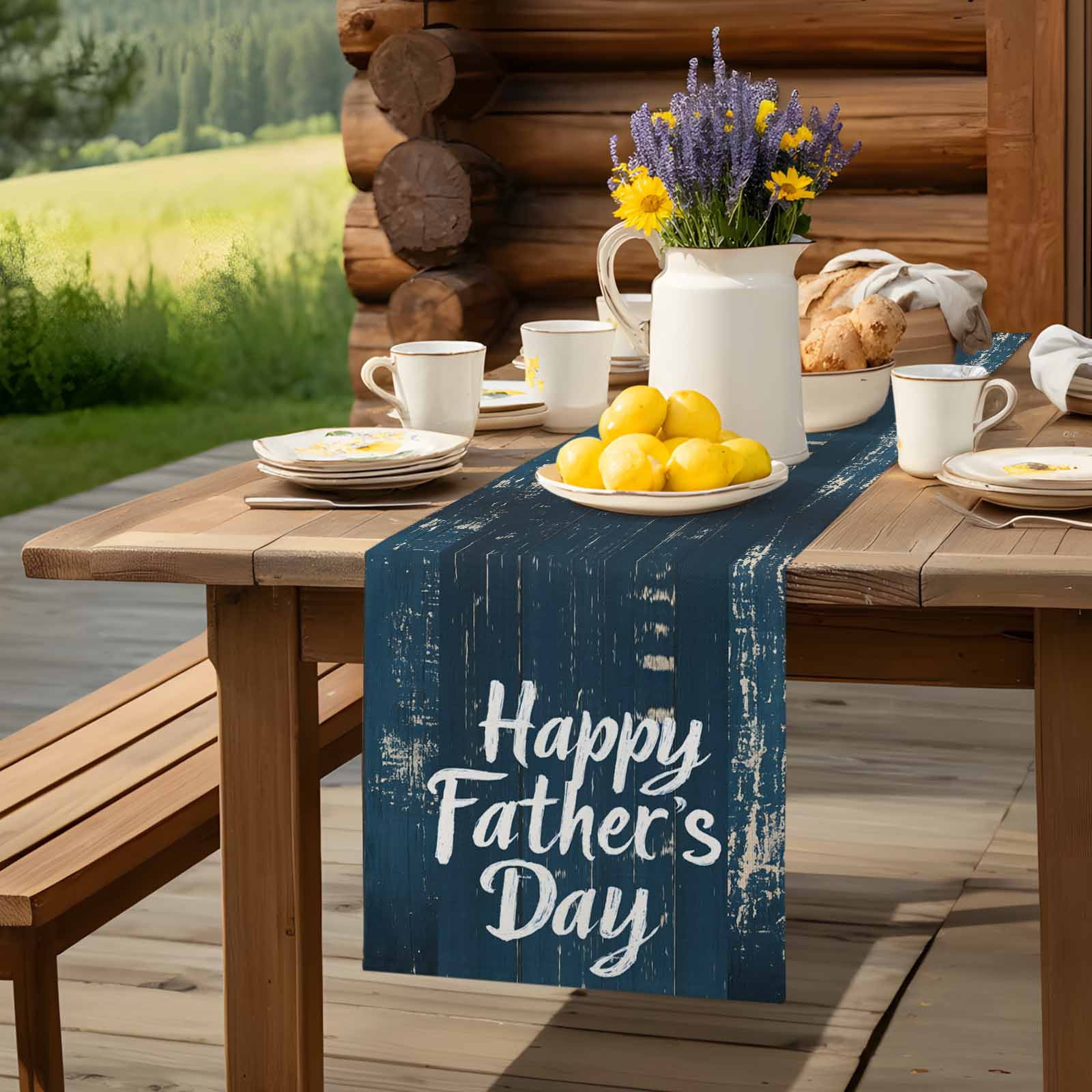 Happy Father's Day Quote Wood Table Runner 90 Inches Long, Retro Navy Blue Wooden Plank Table Runners Tabletop Scarf Kitchen Dining Tables Decoration for Home Party Indoor Outdoor