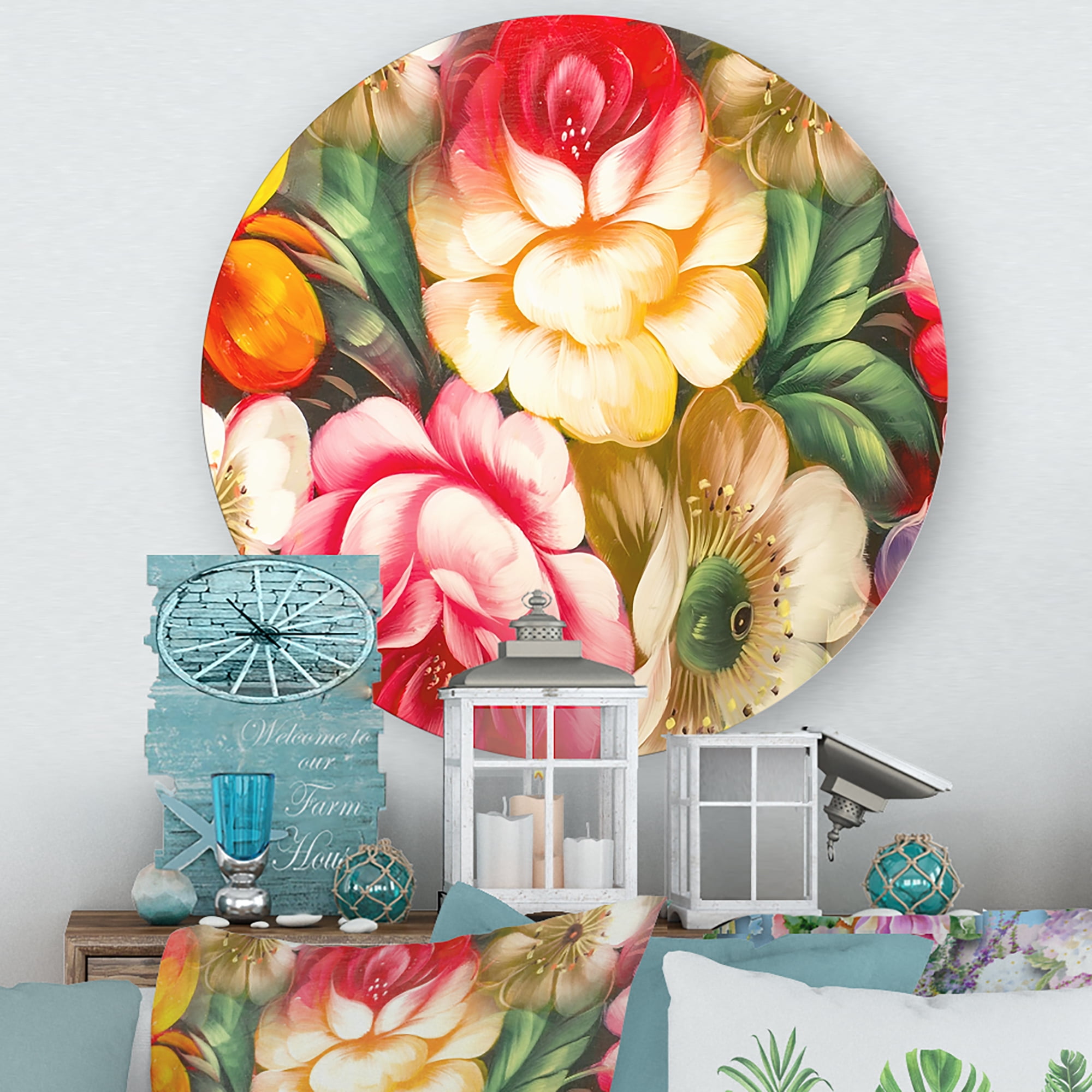 Designart 'Red and Yellow VIntage Flowers' Traditional Circle Metal Wall Art 23x23 - Disc of 23