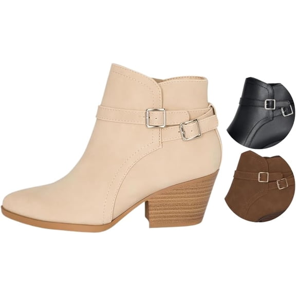 Chariot & Co: Mesa - Womens Pointy Toe Western Stitch Double Buckle Wood Stacked Heel Ankle Boots (Beige NB, 10)
