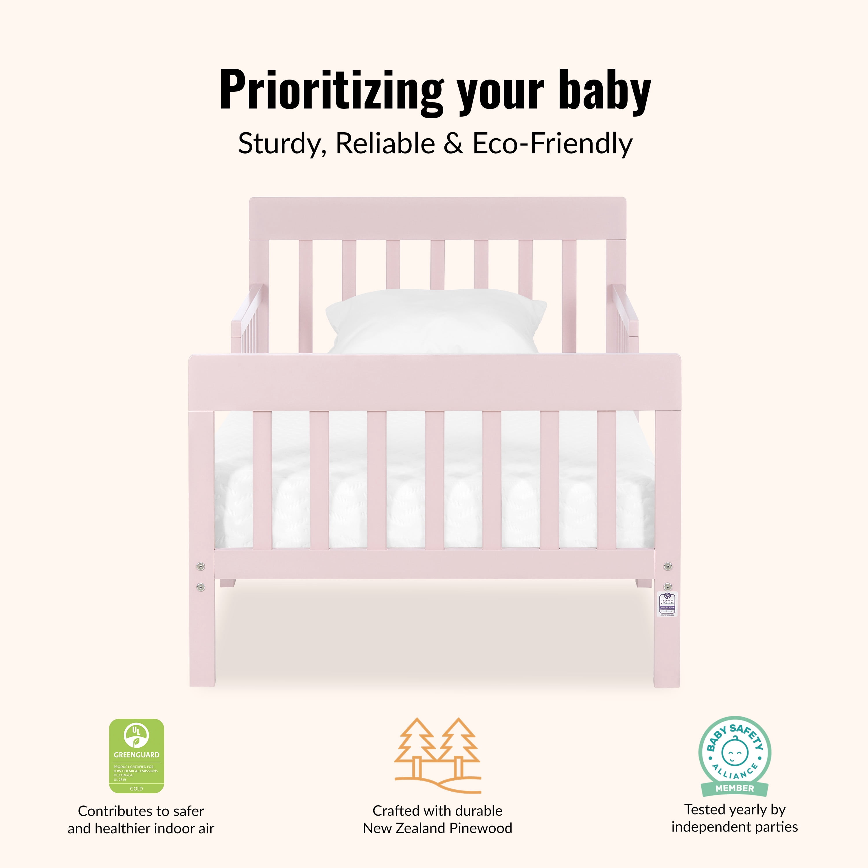 Dream On Me Finn Pink Toddler Bed, New Zealand Pinewood, JPMA Certified
