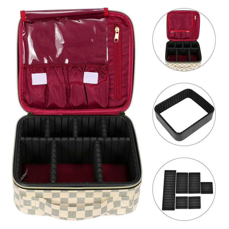 T.sheep Checkered Makeup Organizer Cosmetic Bags Woman Portable Toiletry Travel Bag with Adjustable Partition for Tools , Jewelry ,Brown