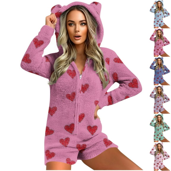 FRSASU Pajamas Shorts Jumpsuit for Womens Warm Hooded with Ear Heatr Print Romper Zipper Sleepwear Playsuit with Pocket Purple