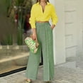 thumbnail image 2 of Dazajoo 2 Piece Cotton Linen Sets for Women Summer Long Sleeve Deep V Neck Tops and Button Down Long Pants Outfits 2024 Womens Fashion Solid Color Lounge Suits,Green,XXL, 2 of 7