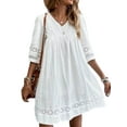 thumbnail image 3 of DYMADE Womens Vocation Summer Cotton Linen Lantern Half Sleeve V-Neck Lace A-Line Dresses, 3 of 5