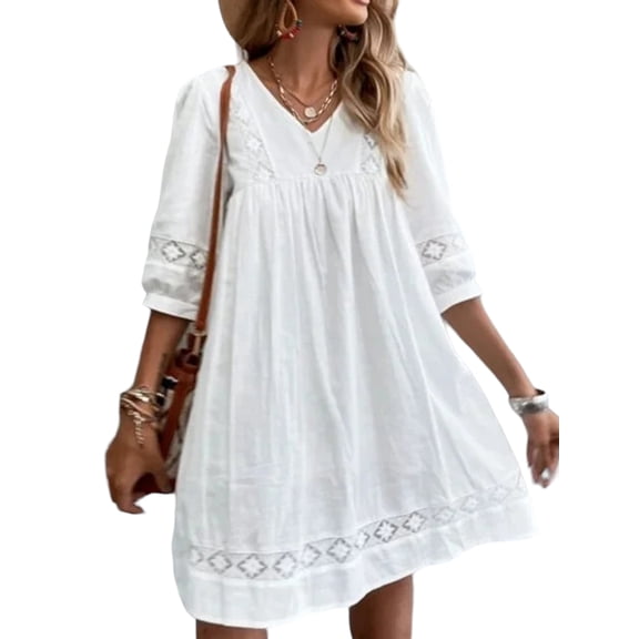 Julycc Womens Vacation Cotton Linen Half Sleeve Lace Tunic Dress Sundress