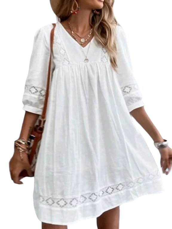 Womens Vacation Cotton Linen Half Sleeve Lace Tunic Dress Sundress