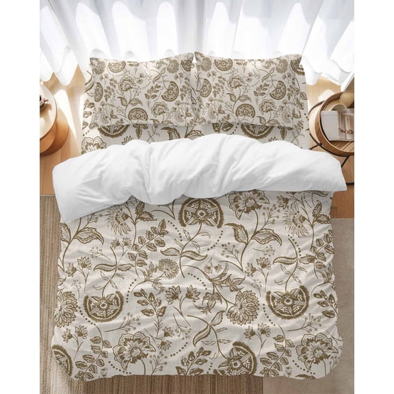 Farmhouse Brown Floral Bedding Duvet Cover Set Full Size 4 Pieces Linen Boho Flower Rustic Country Bedding Set with Zipper Closure, 1 Comforter Cover 86x86 Inches 1 Flat Sheet & 2 Pillow Cases