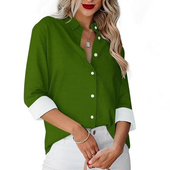 AXXD Basic Going Out Tops for Women Summer 2024 Solid Color Casual Everyday Single-breasted Long-sleeved Shirt Tops