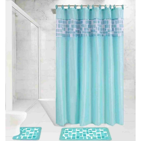 Elegant 4 Pieces Set Bathroom Trellis Diamond Pattern Turquoise Rug Softy Washable Includes: 1 Bath Mat 18"X 30",1 Bath Mat 17"X 17",12 Fabric Covered Hooks,1 Shower Curtain 70"X 72" Anti Slip