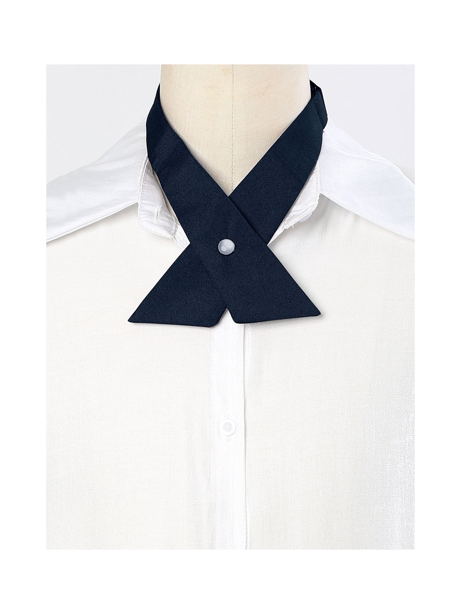 Unique Bargains Criss-Cross Bowtie School Uniform Solid Snap Button Neck Tie for Women Blue