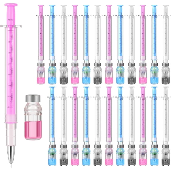 24 PCS Syringe Pen Bulk, 0.5mm Black Ink Needle Pens for Writing - 6.18in Syringe Pens for Nurses, Medical Theme Gel Pen, Office Party Favors(White, Blue, Pink)