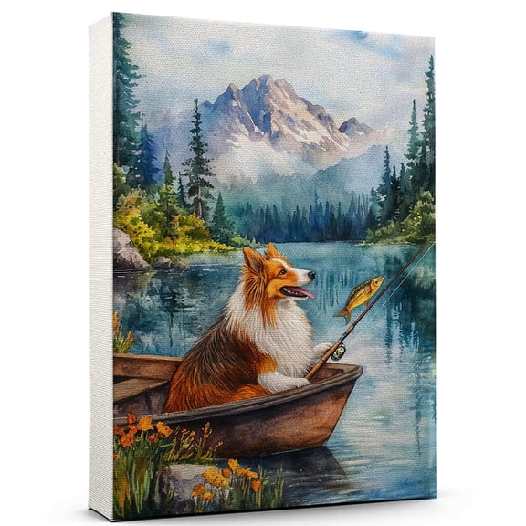 Shetland Sheepdog Dog Stretched Canvas Size 8x12 – Fishing Canvas Print of Funny Shetland Sheepdog Dog Wall Art, Fishing Sports Wall Decor, Home Decor, Dog Lover