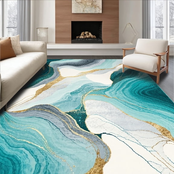 Flatwoven High Traffic Area Rug, Modern Marbleized Runner, Non Slip, Stain Resistant, Washable Area Rugs for Living Room, Bedroom(Blue, 4X6)