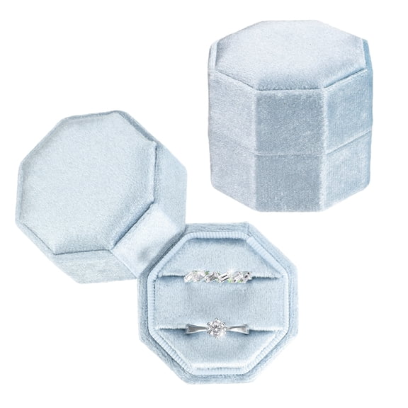 2 Slots Vintage Velvet Ring Boxes, 2 Pack Octagonal Elegant His and Her Wedding Ring Organizers, Blue
