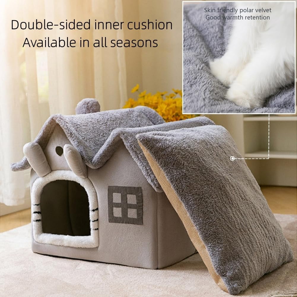Luxury Double Roof Indoor Dog House  Nest, Foldable Warm Soft Kennel with Removable Cushion and Non-Slip Bottom