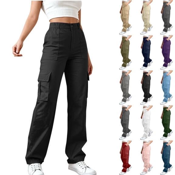 Womens Cargo Pants Solid Color Pants for Women With Elastic Waist Casual Womens Wide Leg Pants Clothes Womens Pants with Pockets Black-S