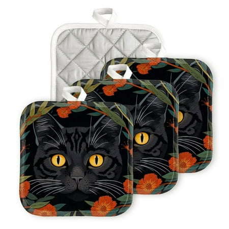 

Bahomeck Pot Holder 4Pcs Black Cat With Yellow Eyes Surrounded By Orange Flowers And Leaves Square Heat Resistant Hot Pads For Kitchen Cooking Oven With Hanging Loop Potholder Easy To Store