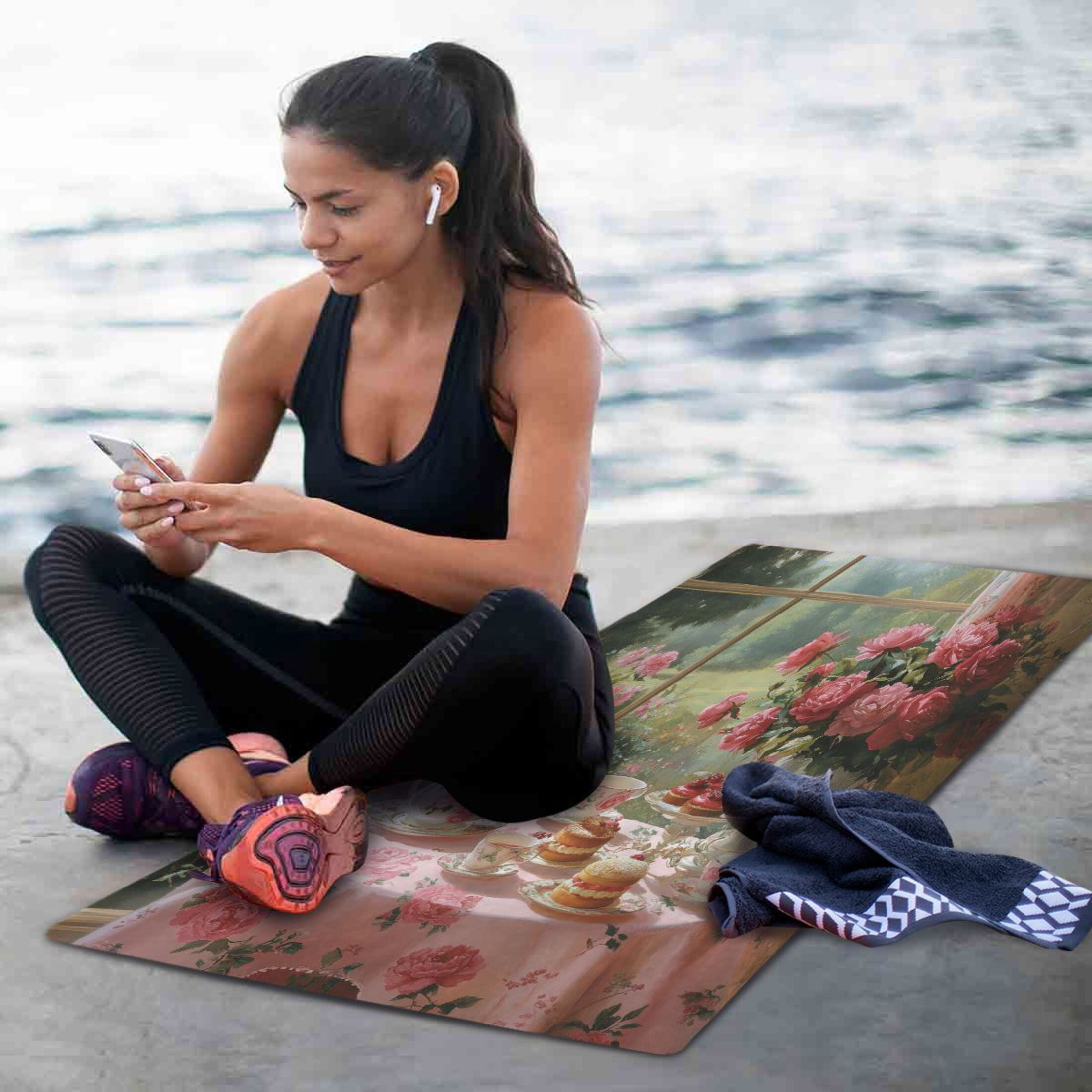 BZSMCE Yoga Mat Women Tea Set with Roses Fitness Mat