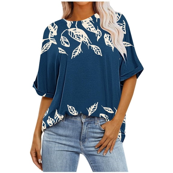 Hvot&aat Womens Oversized Summer T Shirts Crew Neck Elbow Length Sleeve Tops Dressy Casual Floral Print Blouses