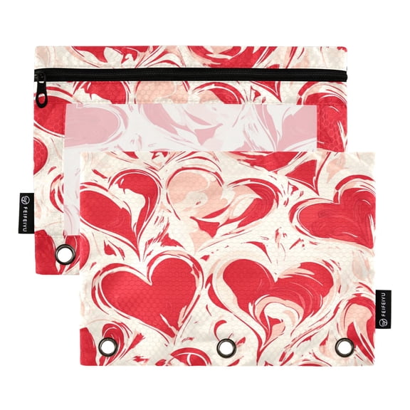 2 Pack 3 Ring Binder Pouch with Clear PVC Window Water Resistant Zipper Pencil Pouch Abstract Red Hearts Binder Pocket for Classroom Office Home Stationery Organization