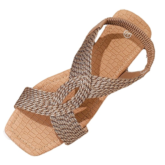 hopeusnice Braided Crisscross Strap Elastic Slingback Flat Sandal Women Casual Summer Footwear Beige 36