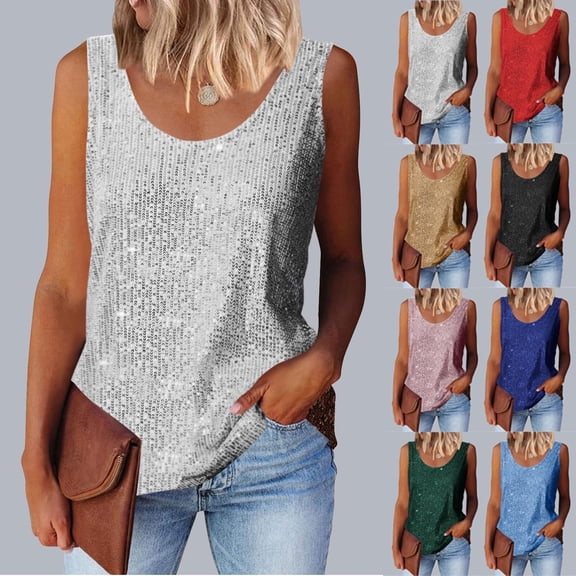 Dlentnea Womens Sequin Top Fashion Sparkly Sleeveless Tanks Tops Blouses Christmas Party Camisole Vest S-5XL