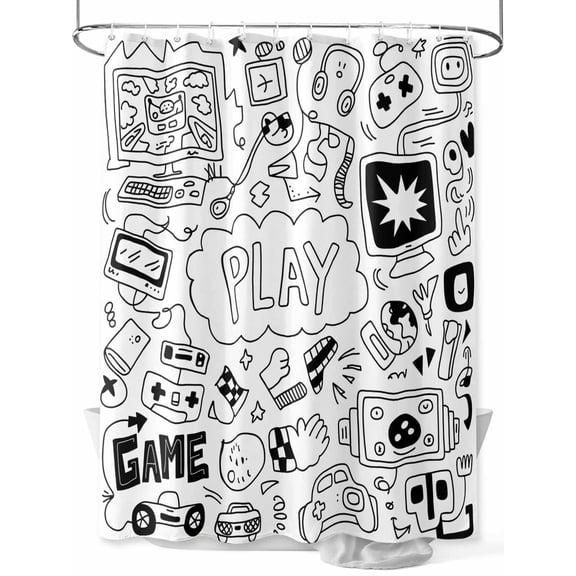 Fsddascl Black White Video Game Shower Curtain Set - Small 36" x 72" Washable Bathtub Curtain with 12 Hooks, Console Computer Gaming Sketch Style Waterproof Fabric Stall Shower Curtains for Bathroom