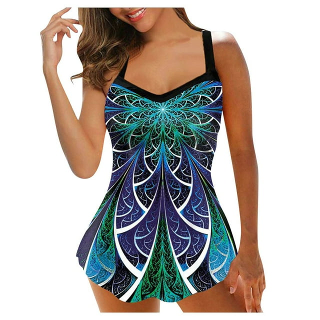Women Plus Size Print Strappy Back Tankini Set Two Piece Swimsuits Swimdress