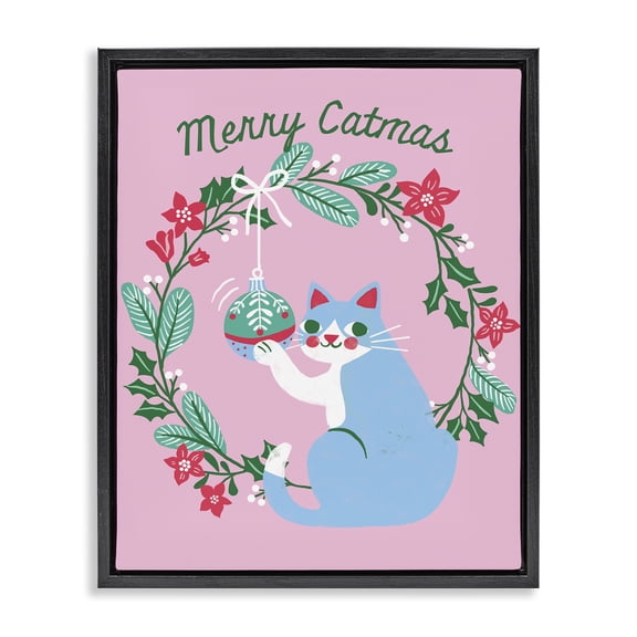 Stupell Industries Cottage Merry Christmas Pink Cat Black Floating Frame Canvas Art, 17 x 21, by Riley Hutchens