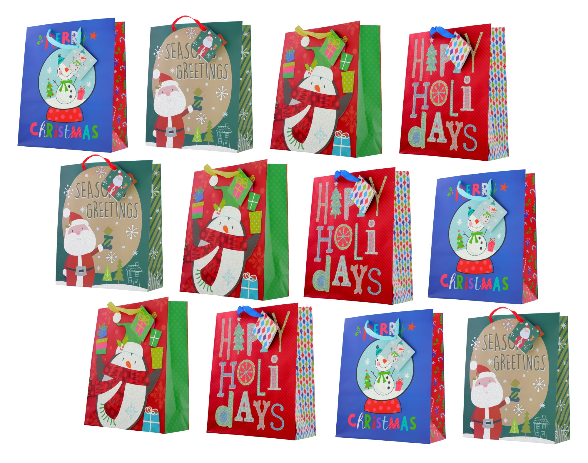 Christmas Printed Gift Bags with Glitter, Large (12 Pack)