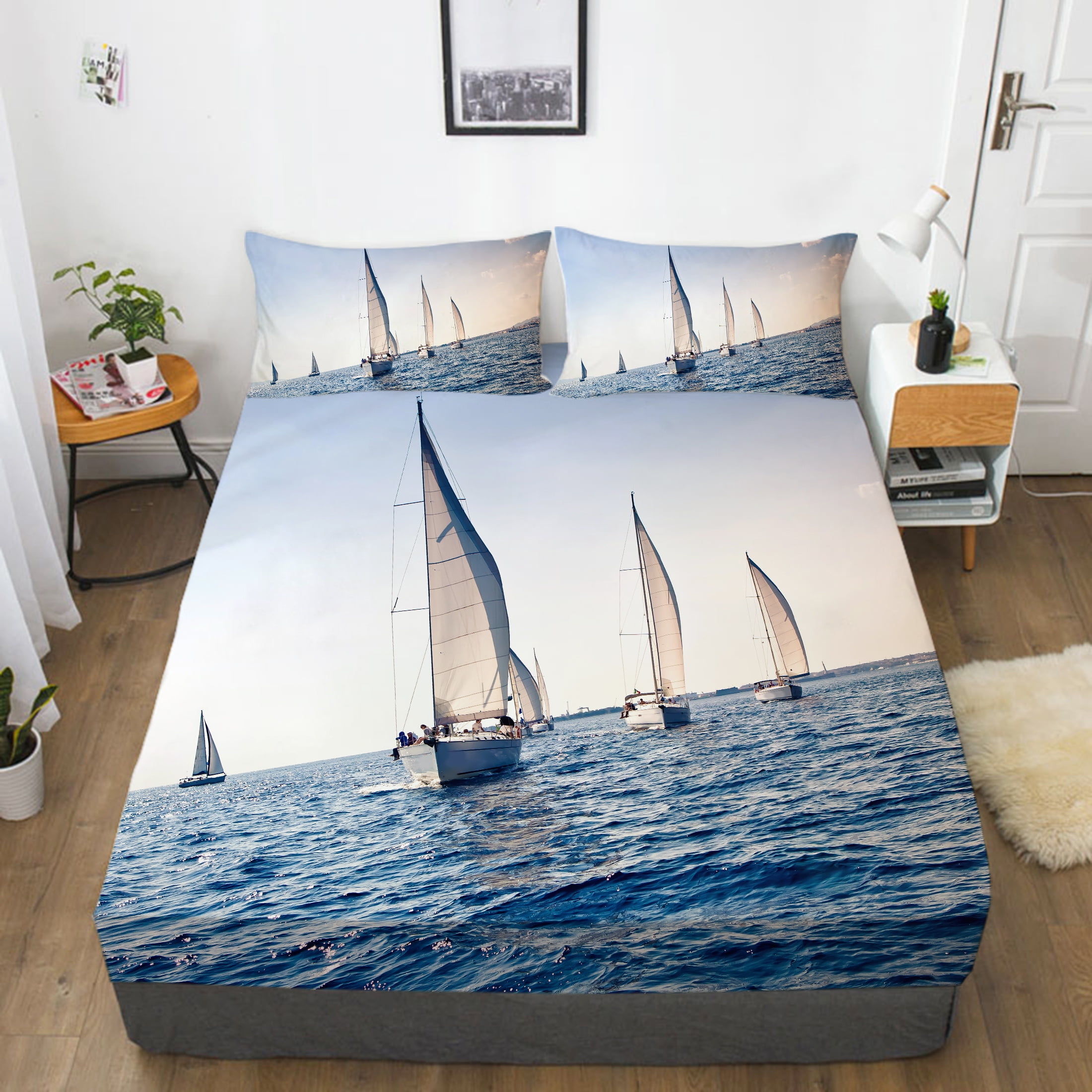 3D Fitted Sheet Home Bedding Set Sailboat Sea Bedspreads Soft Bed ...